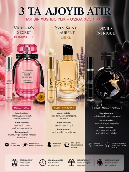 Ayollar uchun atir to'plami, VICTORIA'S SECRET, YSL LIBRE, DEVIL'S INTRIGUE, 3 tasi 1 da - 