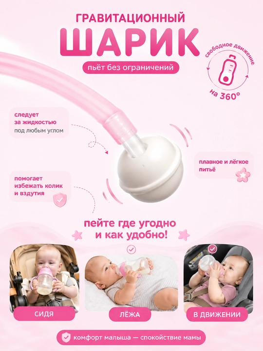 Бутылочка для кормления детская антиколиковая с силиконовой соской, трубочкой и шариком