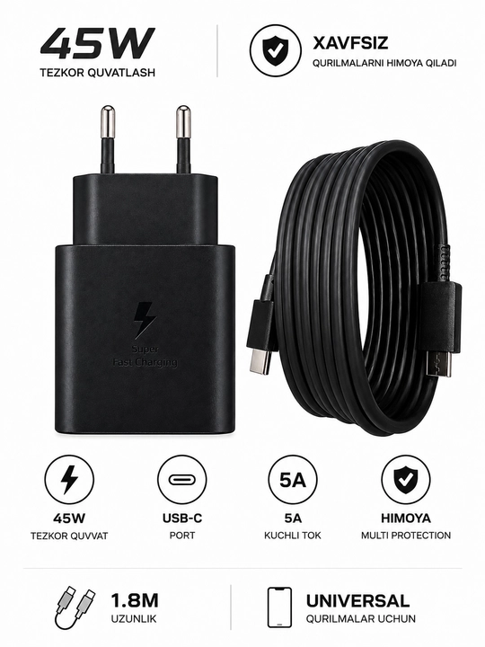 Samsung 45W USB-C (Type-C) Tez quvvatlash qurilmasi + USB-C kabeli 5A 1.8m - 