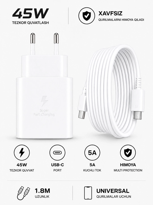 Samsung 45W USB-C (Type-C) Tez quvvatlash qurilmasi + USB-C kabeli 5A 1.8m - 
