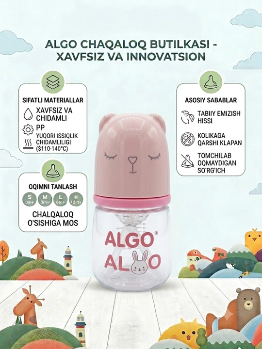 Algo Natural chaqaloqlarni ovqatlantirish uchun silikon butilka, 60 ml - 
