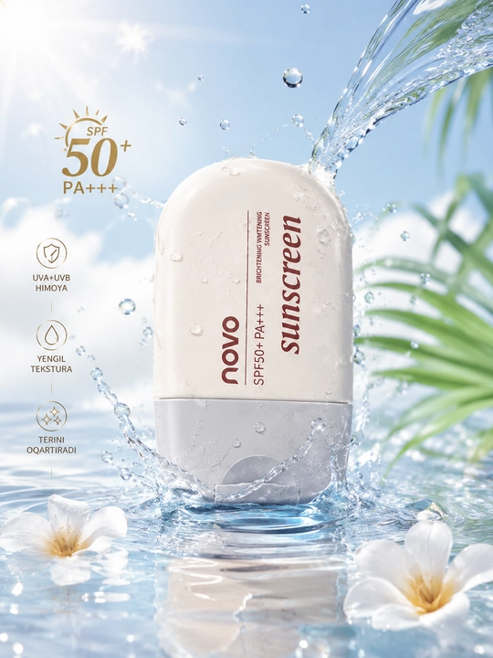 SPF50+ krem, quyoshdan himoya, NOVO sunscreen, UV himoya, yuz kremi