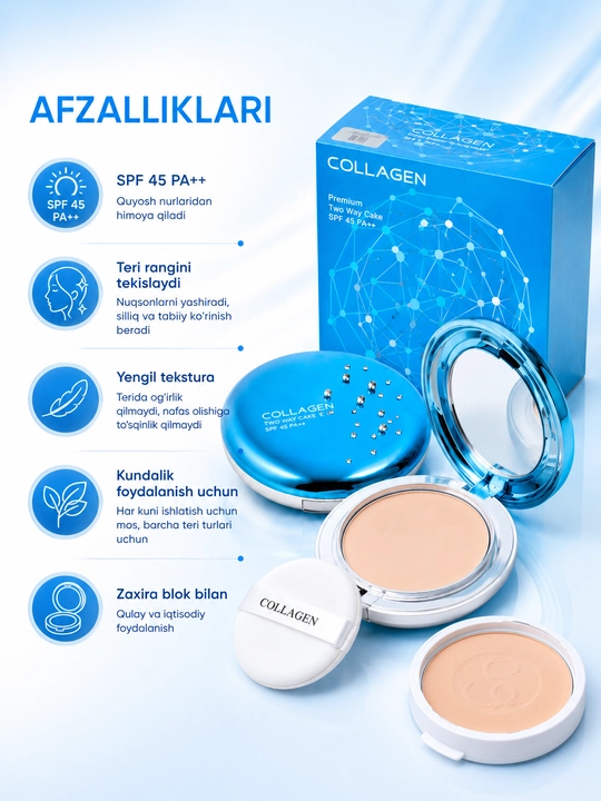 Collagen Two Way Cake SPF45 PA++ ixcham kukuni, zaxira blok va gubka bilan
