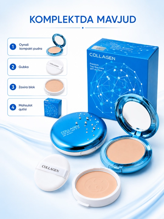 Collagen Two Way Cake SPF45 PA++ ixcham kukuni, zaxira blok va gubka bilan