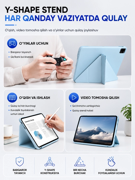 Чехол для iPad с подставкой Y-Shape, Auto Sleep/Wake и держателем для стилуса
