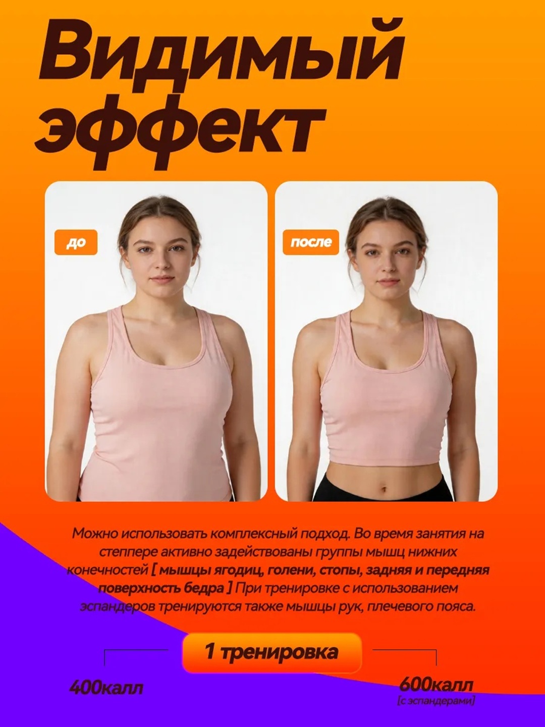 Степпер ENVITY E153 тренажёр для дома с эспандерами — тренажёр для ног, ягодиц и похудения