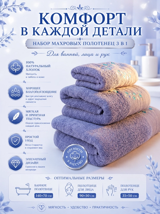 Набор банных, лицевых и ручных полотенец из 100% хлопка