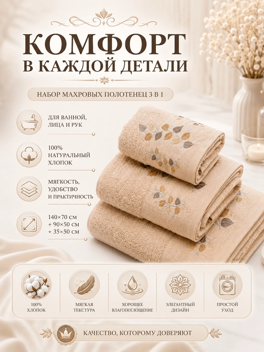 Набор банных, лицевых и ручных полотенец из 100% хлопка