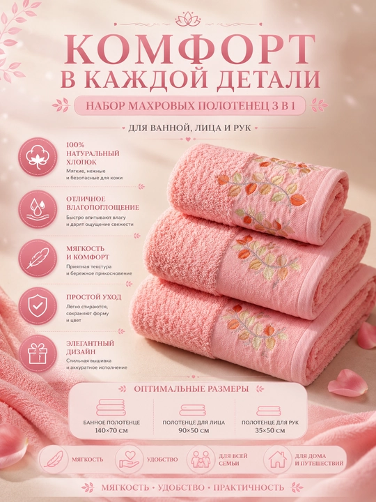 Набор банных, лицевых и ручных полотенец из 100% хлопка