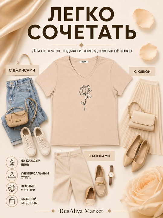 Женская футболка, 100% хлопок, с принтом Роза, V-образный вырез