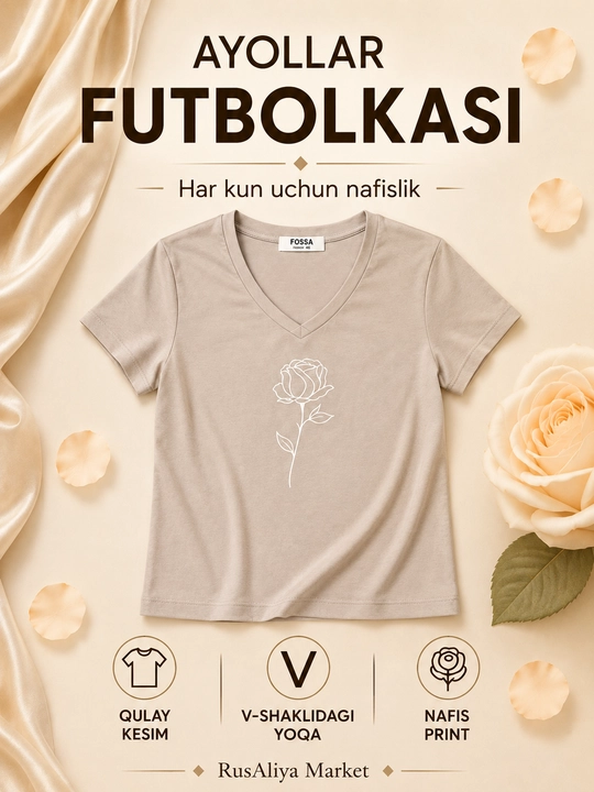Ayollar futbolkasi, 100% paxta, Atirgul bosmali, V-shakldagi yoqa