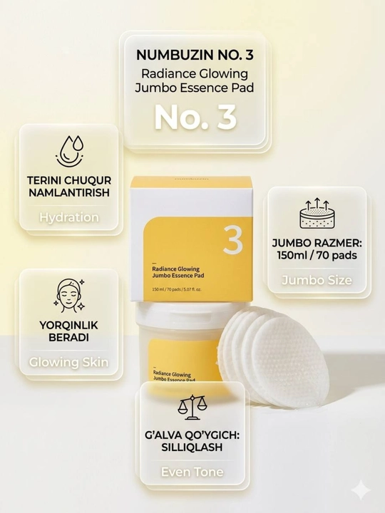 Numbuzin No.3 Radiance Glowing Jumbo Essence Pad, 70 dona, 150 ml, yorqinlashtiruvchi toner padlar - 