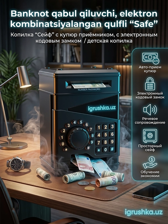 Elektron cho'ntagik-seyf parol va avtomatik kupyura qabul qilish bilan (Qora) - 