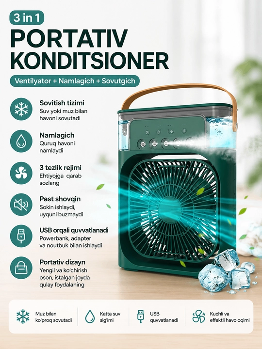 Air Cooler Fan 7 Color LED – Kuchli Sovutuvchi Mini Ventilyator - 