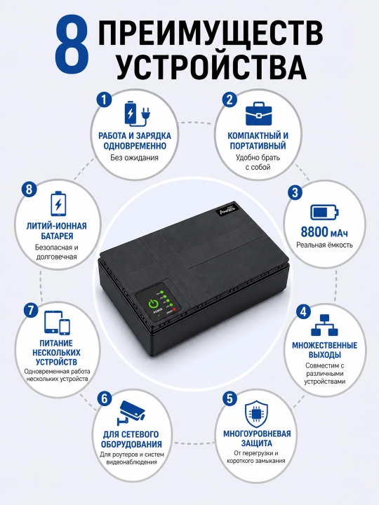 Mini UPS 8800 mA soat, 5V/9V/12V/PoE 24V router, modem, ONU va kamera uchun
