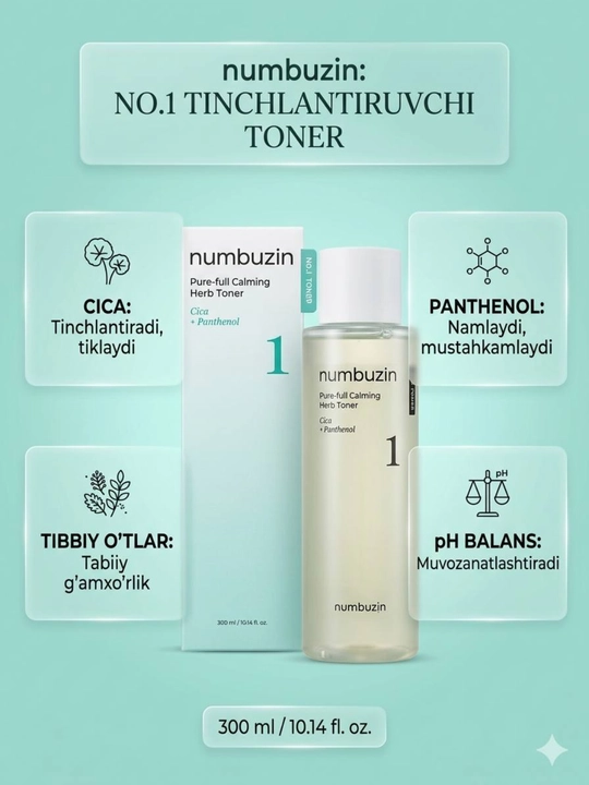 Toner Numbuzin No.1 Pure-Full Calming Herb Toner, Cica & Panthenol, 300 ml - 