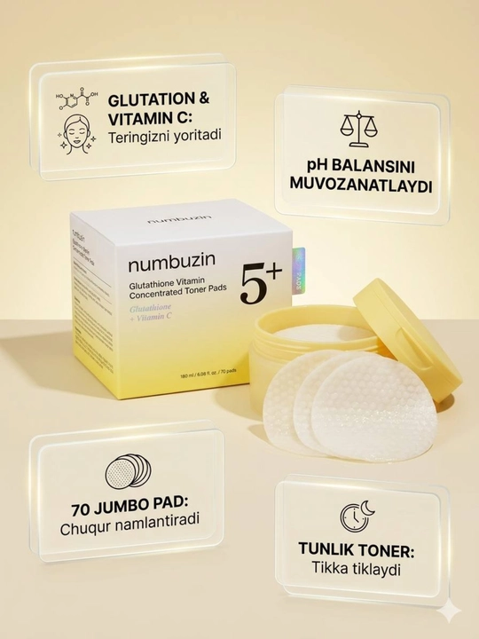 Numbuzin No.5+ Glutathione Vitamin C Pads, 70 dona, 180 ml - 