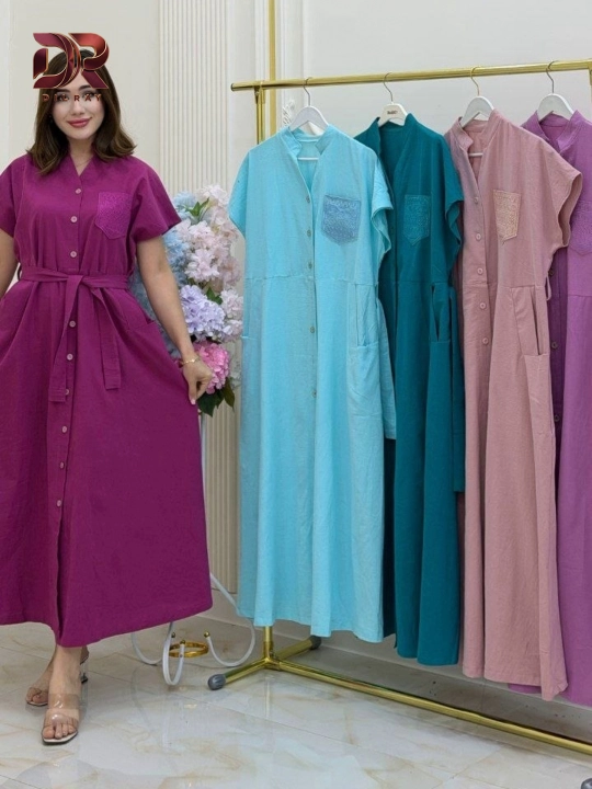 Женское летнее длинное платье на пуговицах с поясом, Oversize