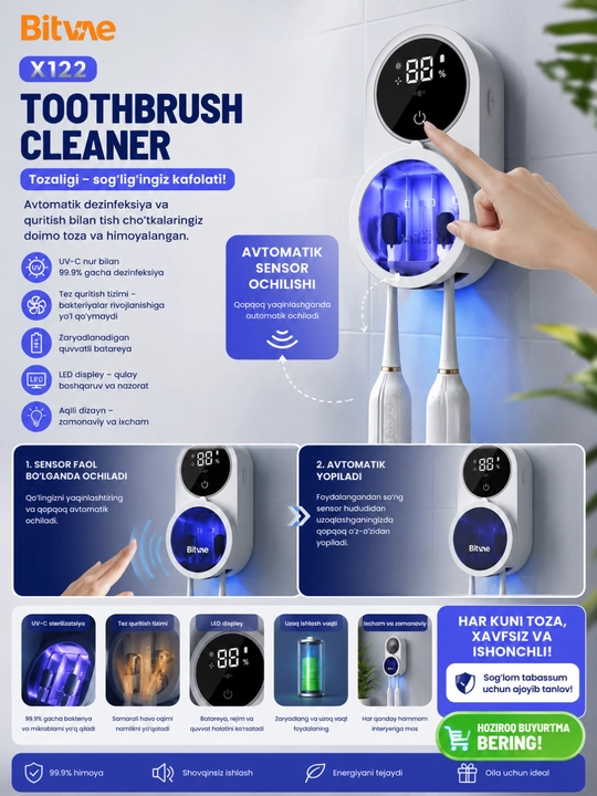 Aqlli UV tish cho'tka sterilizatori, sensorli, LED displey, avtomatik quritish