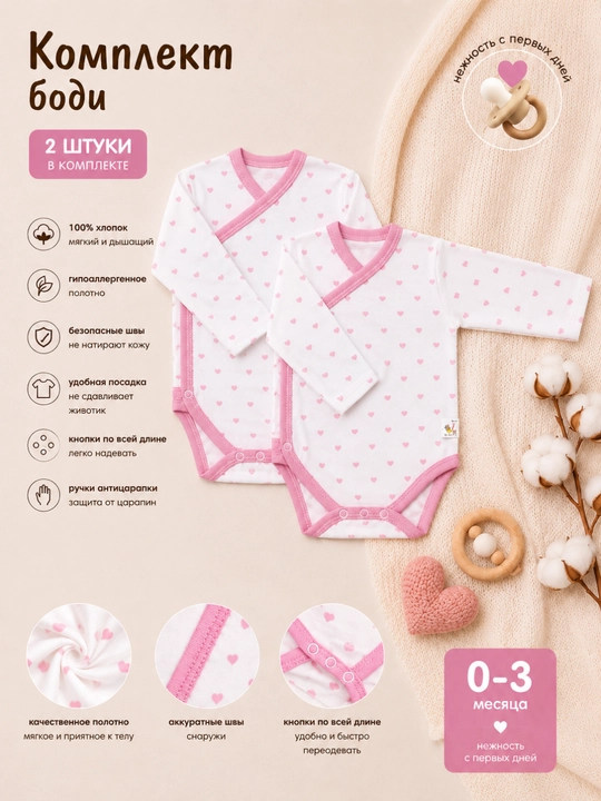 Набор боди для малышей, 2 шт, 100% хлопок