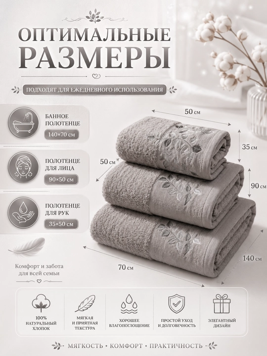 Набор банных, лицевых и ручных полотенец из 100% хлопка
