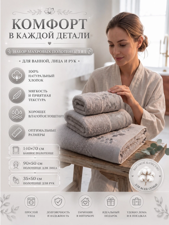 Набор банных, лицевых и ручных полотенец из 100% хлопка