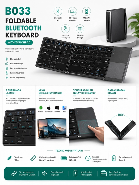 B033 buklanadigansimsizBluetooth klaviaturaTouchpad bilan, telefon, planshet va noutbuk