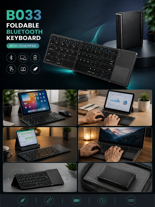 B033 buklanadigansimsizBluetooth klaviaturaTouchpad bilan, telefon, planshet va noutbuk