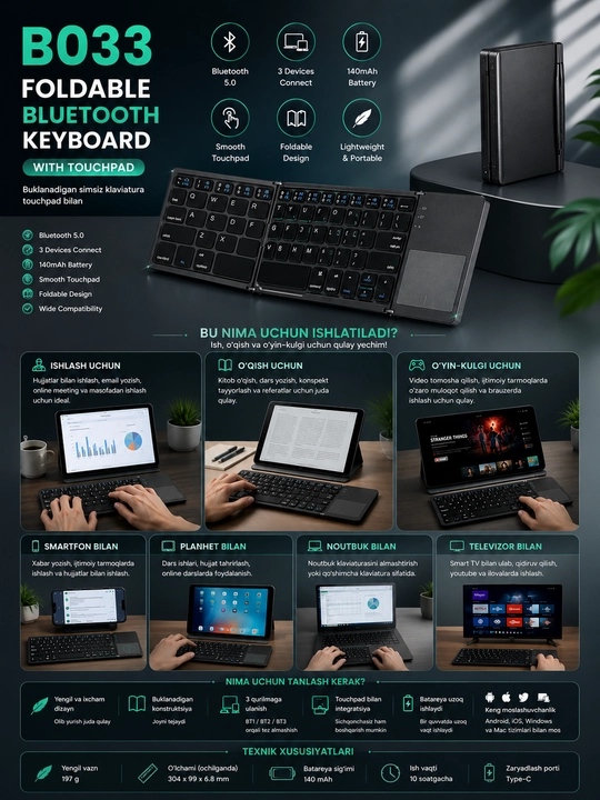 B033 buklanadigansimsizBluetooth klaviaturaTouchpad bilan, telefon, planshet va noutbuk - 