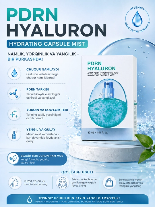 Anva PDRN Hyaluronic Acid Hydrating Capsule Mist namlantiruvchi yuz spreyi, 30 ml - 