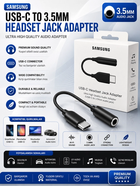 Adapter Samsung va iPhone uchun,Type-C va Lighting audio-ulagich,AUX va quloqchinlar uchun