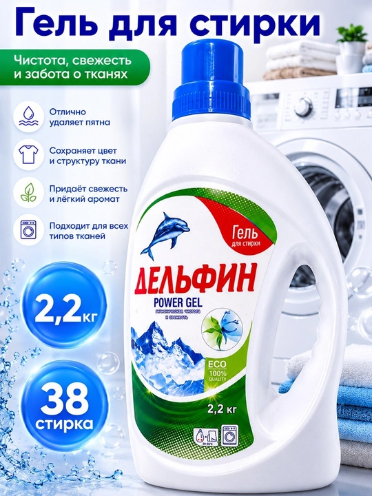 Delfin — жидкое гель для стирки  1,5 кг, 2,2 кг, 3 кг, 4 кг — для цветного и белого белья