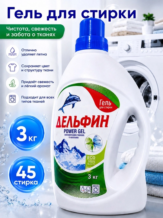 Delfin — жидкое гель для стирки  1,5 кг, 2,2 кг, 3 кг, 4 кг — для цветного и белого белья