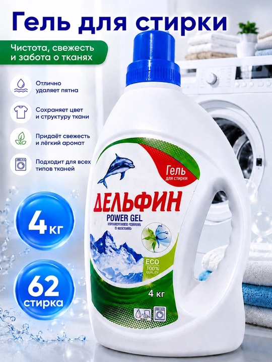 Delfin — жидкое гель для стирки  1,5 кг, 2,2 кг, 3 кг, 4 кг — для цветного и белого белья - 