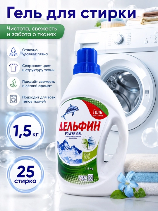 Delfin — жидкое гель для стирки  1,5 кг, 2,2 кг, 3 кг, 4 кг — для цветного и белого белья