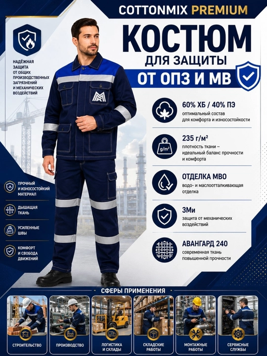 Erkaklar ishchi kostyumi Cottonmix Premium OПЗ va МВ himoyasi uchun, kurtka va shim - 