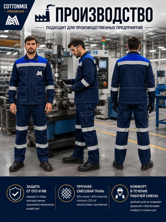 Erkaklar ishchi kostyumi Cottonmix Premium OПЗ va МВ himoyasi uchun, kurtka va shim