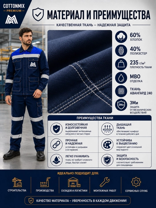 Erkaklar ishchi kostyumi Cottonmix Premium OПЗ va МВ himoyasi uchun, kurtka va shim