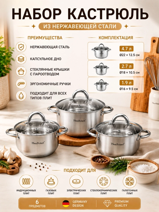 Кастрюля, набор из нержавеющей стали HausRoland, кастрюли с крышками, 1/3/4 предмета