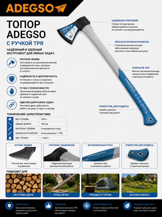 Топор ADEGSO, с ручкой TPR - 