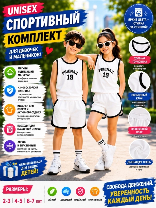 Mayka va shorti, yozgi kiyim, qiz bolalar kiyimi, o‘g‘il bolalar kiyimi,2–7 yosh,