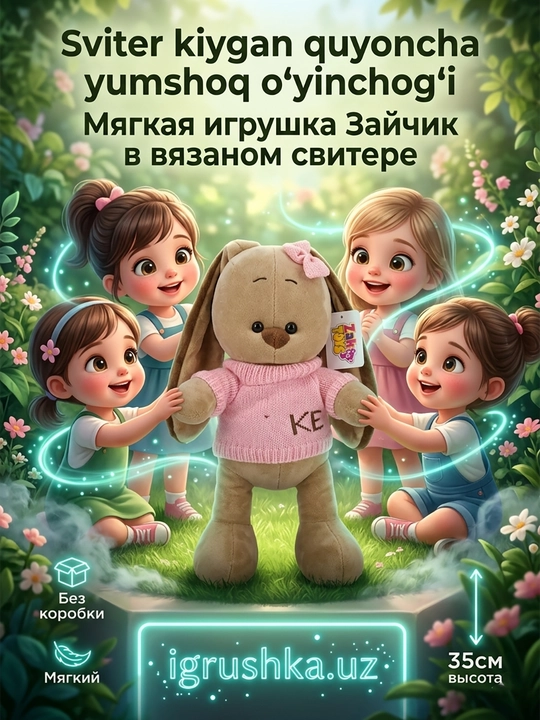 Uzun quloqli Yumshoq o'yinchoq quyoncha pushti sviterda, Zak Toys - 
