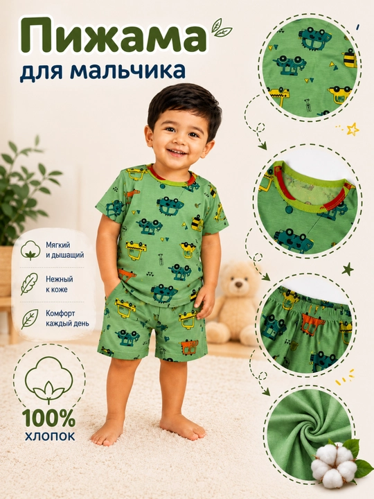 Пижама для мальчика, 100% хлопок, летний комплект (футболка и шорты) - 