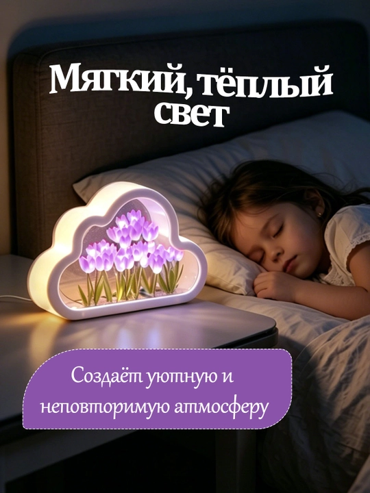 Ночник облако с тюльпанами, с зеркалом
