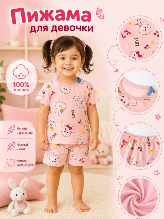 Пижама для девочки, 100% хлопок, летний комплект (футболка и шорты) - 