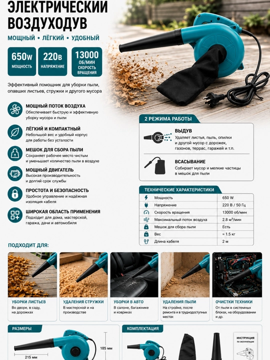 Электрический воздуходув 650W, 220В, 13000 об/мин - 