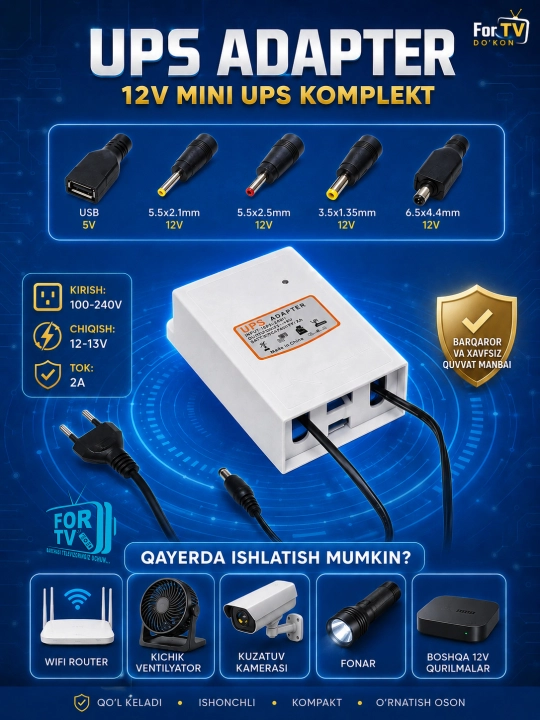 Mini UPS. 5V, 9V, 12V 2A. Router, kamera, domofon va boshqa qurilmalar uchun POWERBANK