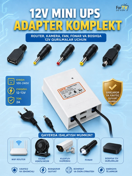 Mini UPS. 5V, 9V, 12V 2A. Router, kamera, domofon va boshqa qurilmalar uchun POWERBANK