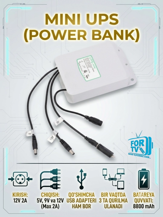 Mini UPS. 5V, 9V, 12V 2A. Router, kamera, domofon va boshqa qurilmalar uchun POWERBANK