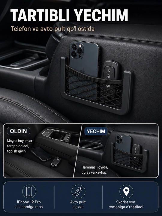 Avtomobil yon cho‘ntagi, to‘rli organayzer, telefon va kalit uchun 15x8sm
